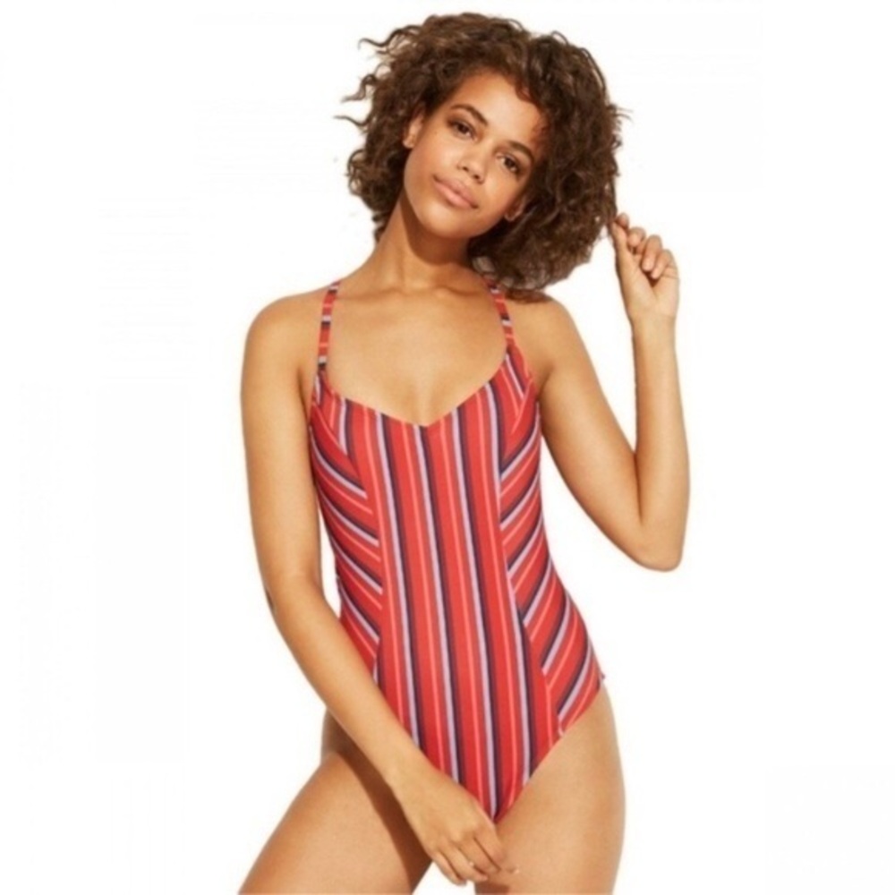 NWOT Red Blue Stripe Lace-Up Back Crisscross One Piece Swimsuit New Kona Sol